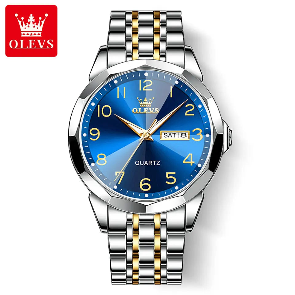 OLEVS Men’s Luxury Diamond Watch – Two-Tone Stainless Steel, Waterproof, Luminous, Date Display