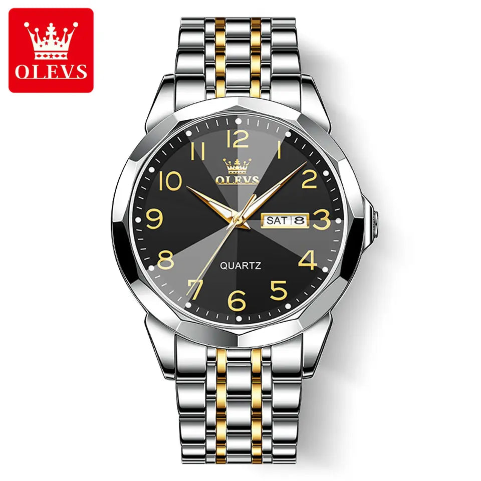 OLEVS Men’s Luxury Diamond Watch – Two-Tone Stainless Steel, Waterproof, Luminous, Date Display