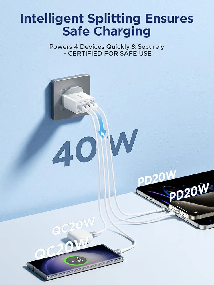 Aioneus 40W PD USB-C Fast Charger – 4-Port Wall Adapter for iPhone & Samsung